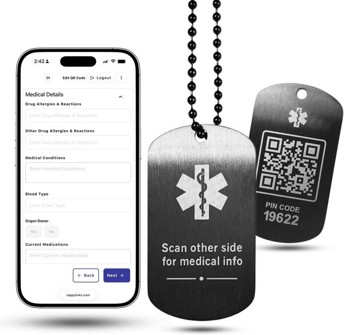 MediTappy ID Tag medical ID pendant and emergency profile on a phone